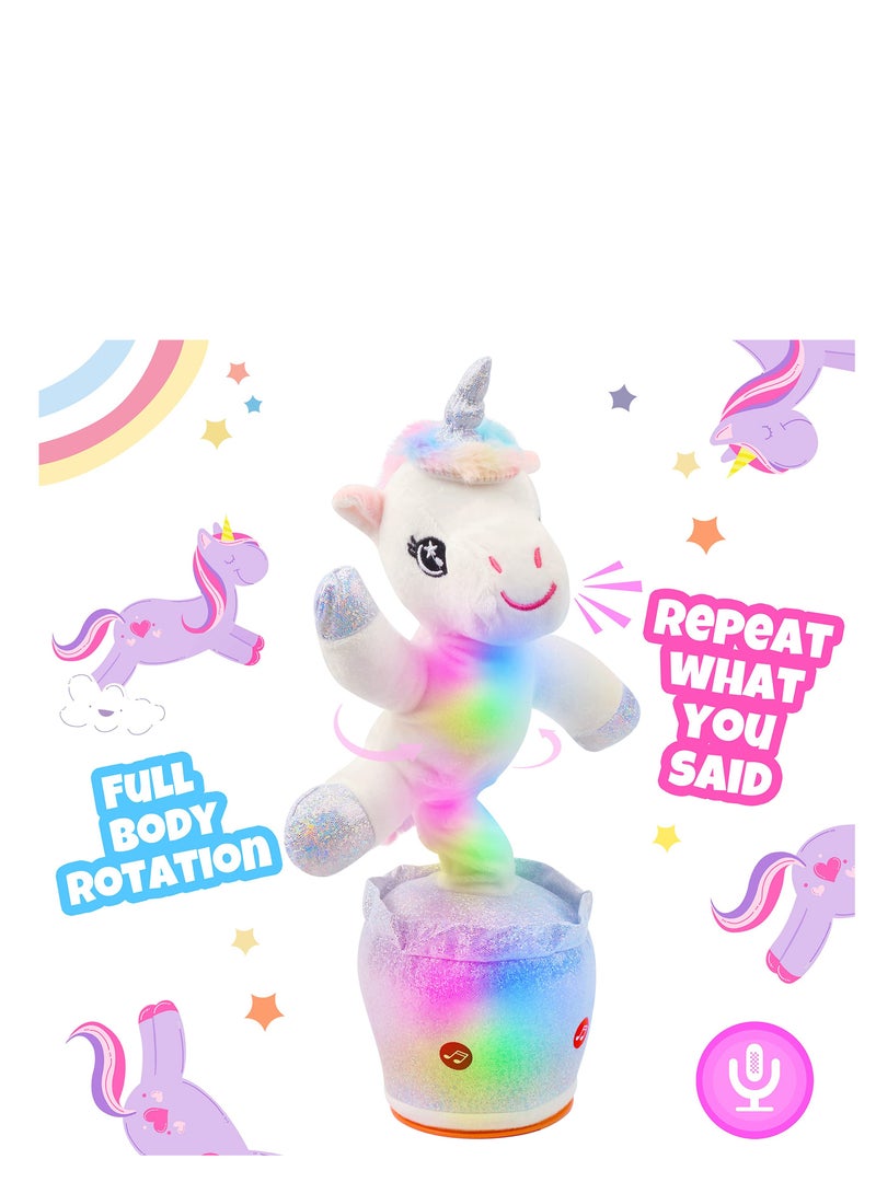 Glowing Dancing Unicorn Toy Repeats What You Say Talking Toy Wriggle Singing Mimicking Twisting Electric Light Up Interactive Animated Toy Speaking Gift for Kids, White, 12.5''