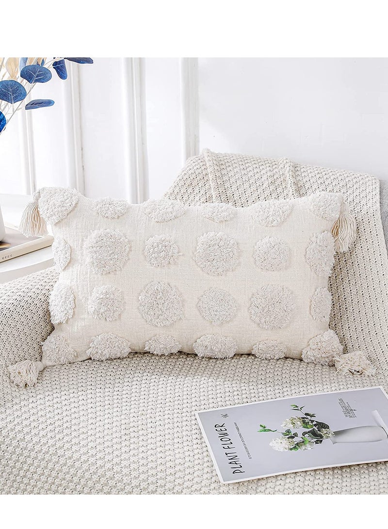 Pillow Covers of White Tufted Throw, with Tassel 12x20 inch, Soft Cream Chenille Decorative Lumbar Cushion Case Pillowcase for Couch Sofa Bedroom Living Room Farmhouse