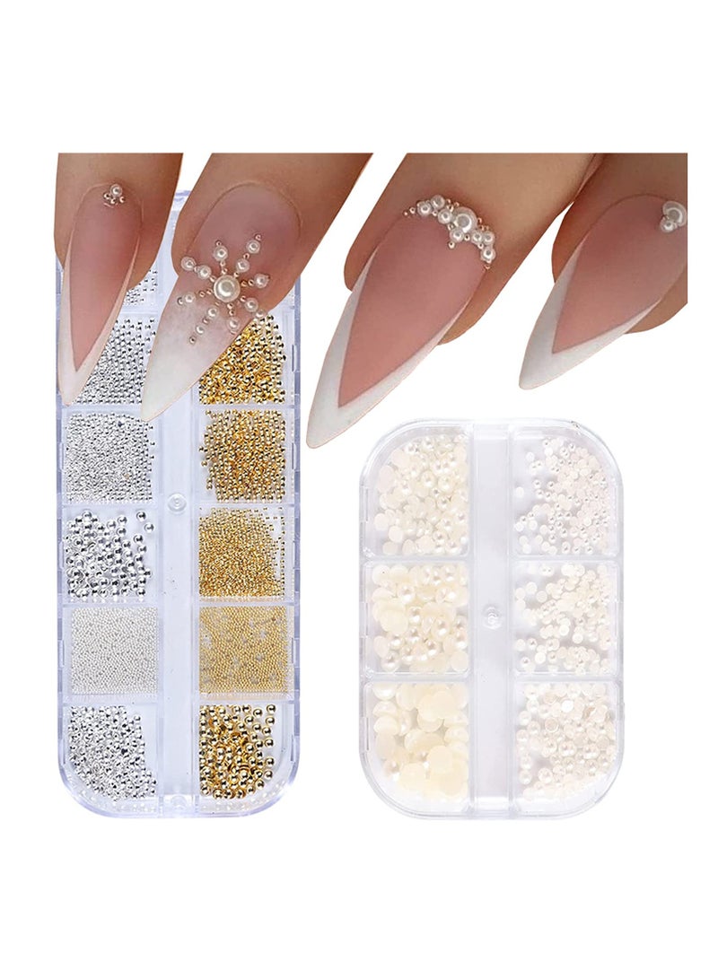 Nail Art Pearls Flatback Pearls Nail Charms Gold Silver White Half Round Nail Art Supplies Luxurious Design Nail Accessories Rhinestones Mixed Various Sizes 0.8mm 5mm for Women Nail Decoration