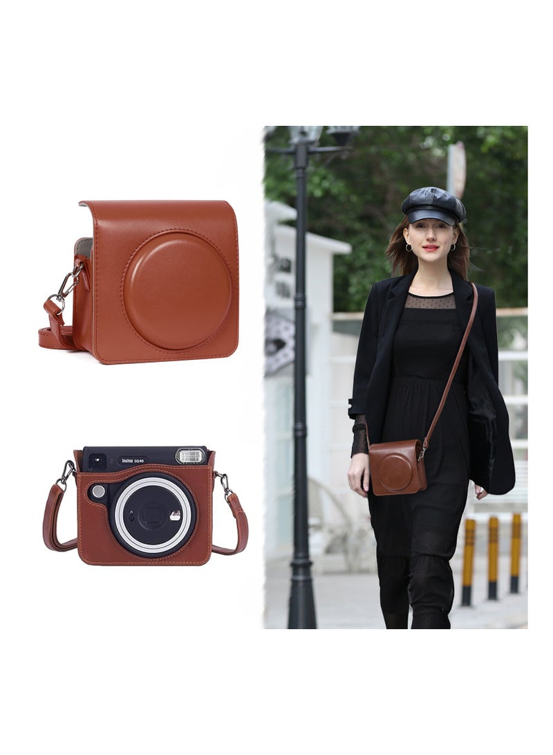 SYOSI Square SQ1 Case - Protective Case for Fujifilm Instax Square SQ1 Instant Camera - PU Leather Cover with Adjustable Shoulder Strap - Orange Brown