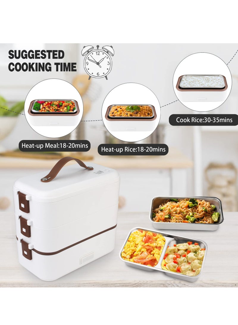 Self Cooking Electric Lunch Box, Portable Food Warmer for On-the-Go, 3 Layers 800ML Slow Cooker Heated Lunch Box for Home Office Travel Cook Food (White)