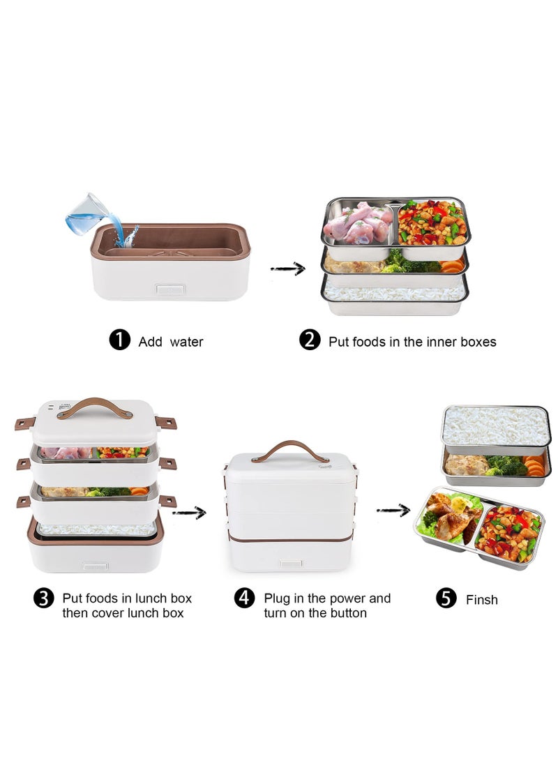 Self Cooking Electric Lunch Box, Portable Food Warmer for On-the-Go, 3 Layers 800ML Slow Cooker Heated Lunch Box for Home Office Travel Cook Food (White)