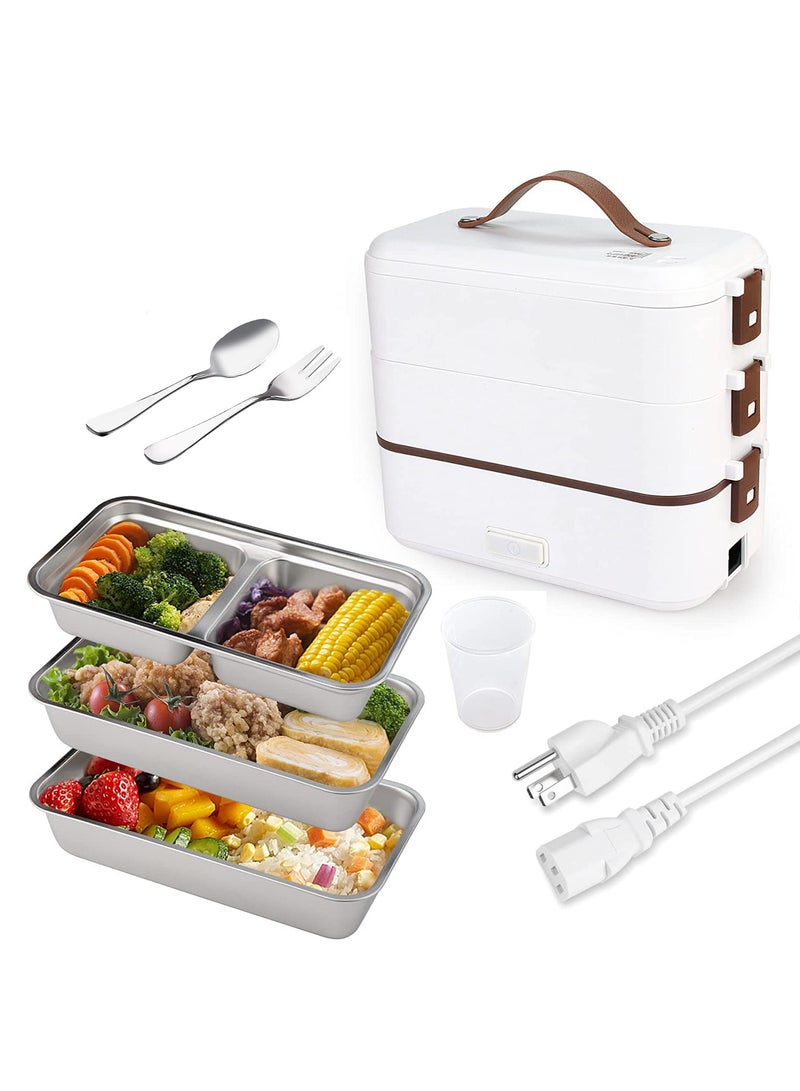 Self Cooking Electric Lunch Box, Portable Food Warmer for On-the-Go, 3 Layers 800ML Slow Cooker Heated Lunch Box for Home Office Travel Cook Food (White)