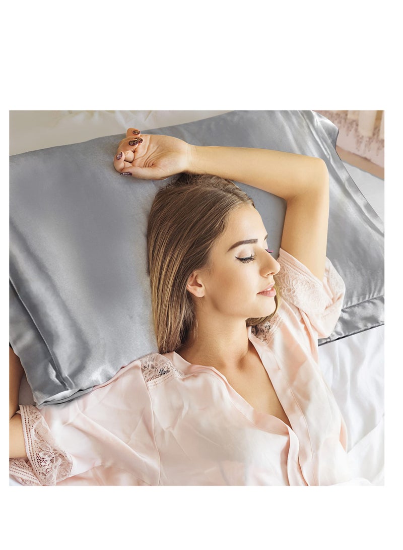 Natural Mulberry Silk Pillowcase, Soft Smooth Cooling Premium Grade Silk Pillow Covers, for Hair and Skin Health, Standard Size 50 x 75 cm Silk Pillowcase, for Sleeping (2 Pcs Grey)