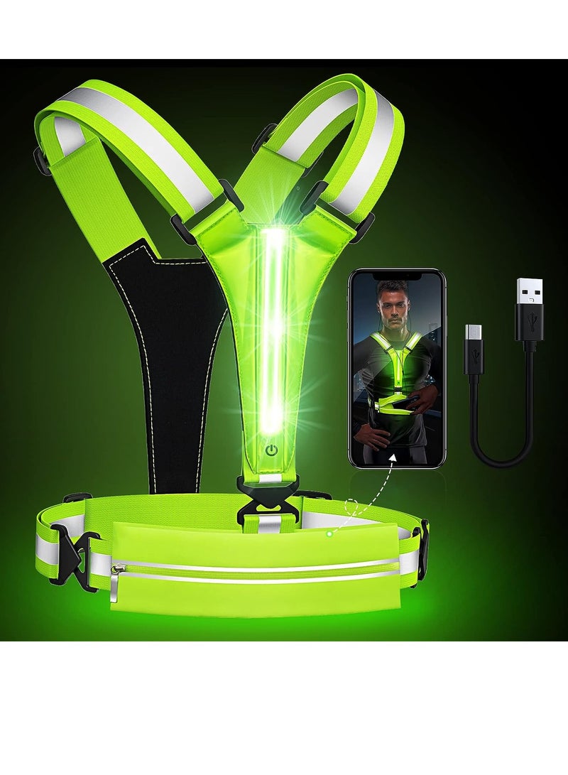 LED Reflective Vest Running Gear, USB Rechargeable Light Up Running Vest Chest Phone Holder for Runners Night Walking,6 11hrs Light Adjustable WaistShoulder for Women Men Kids