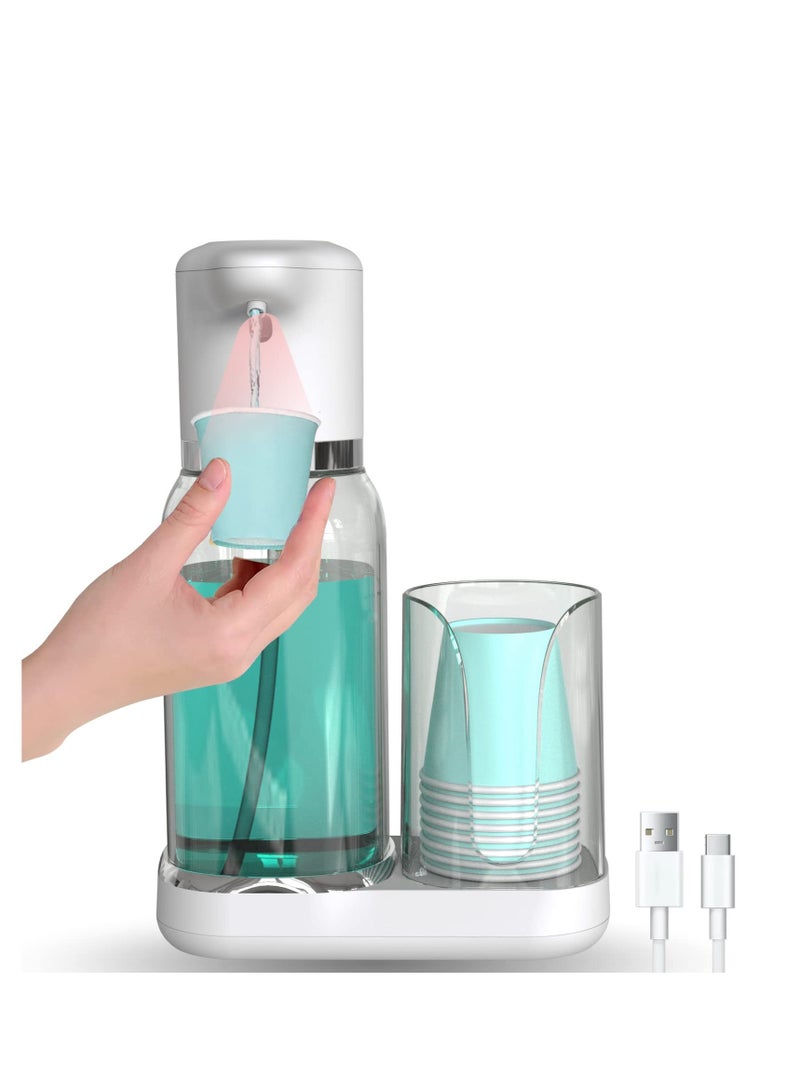 Automatic Mouthwash Dispenser for Bathroom, Mouthwash Dispenser Dispenser, 25oz/750ml Large Capacity Mouthwash Dispenser, with Infrared Sensor and Rechargable Pump, with 8 Paper Cups