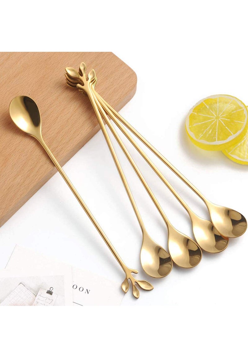 Stainless Steel Gold Leaf, Long Handle Iced Tea Spoons Set Creative Stirring Spoons, Creative Tableware Dessert Spoons, Stirring, Premium Food Grade Stainless SteelGold, 6 Pcs