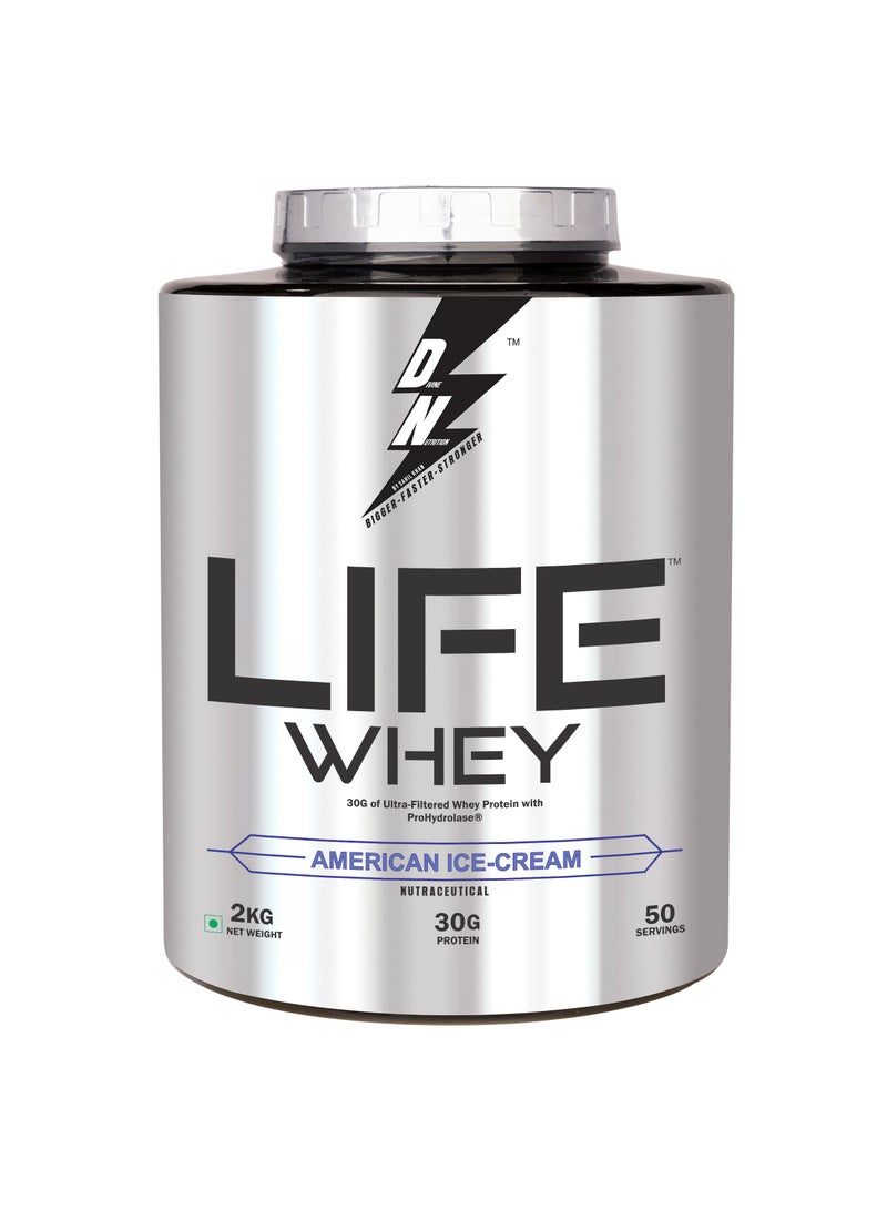 Life Whey Protein Powder with 30g Protein per Serving & Digest Enzymes for Muscle Recovery with Immune Support 50 Servings Supplement American Ice Cream 2Kg