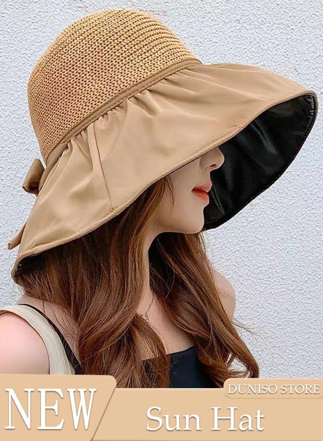 Women's Sun Straw Hat Big Bowknot Summer Wide Brim Roll Up Folding Fishing Hat Summer Solid Travel Beach Cap UV Protection UPF50+ for Vacation Outdoor Activities