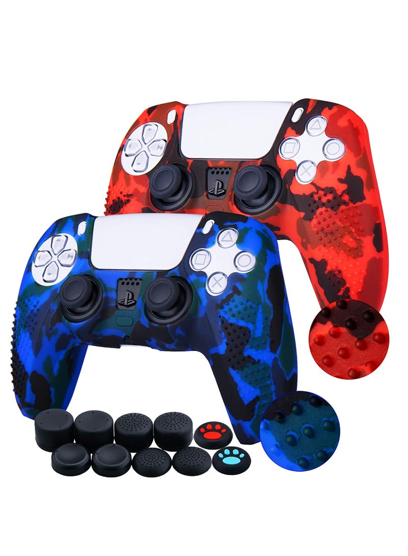 PS5 Controller Silicone Cover | Studded Printing Silicone Cover Skin Case for PS5 Dualsense Controller x 2Camouflage Red+Blue with Pro Thumb Grips x 10