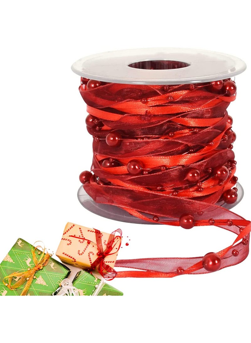 11 Yards Red Beads Chain Ribbon Artificial Pearls String Beads Sheer Chiffon Satin 3 Strings Style for Garland Wedding Party Crafts Decoration Gift Wrapping Valen tine's Day Bouquet Packaging