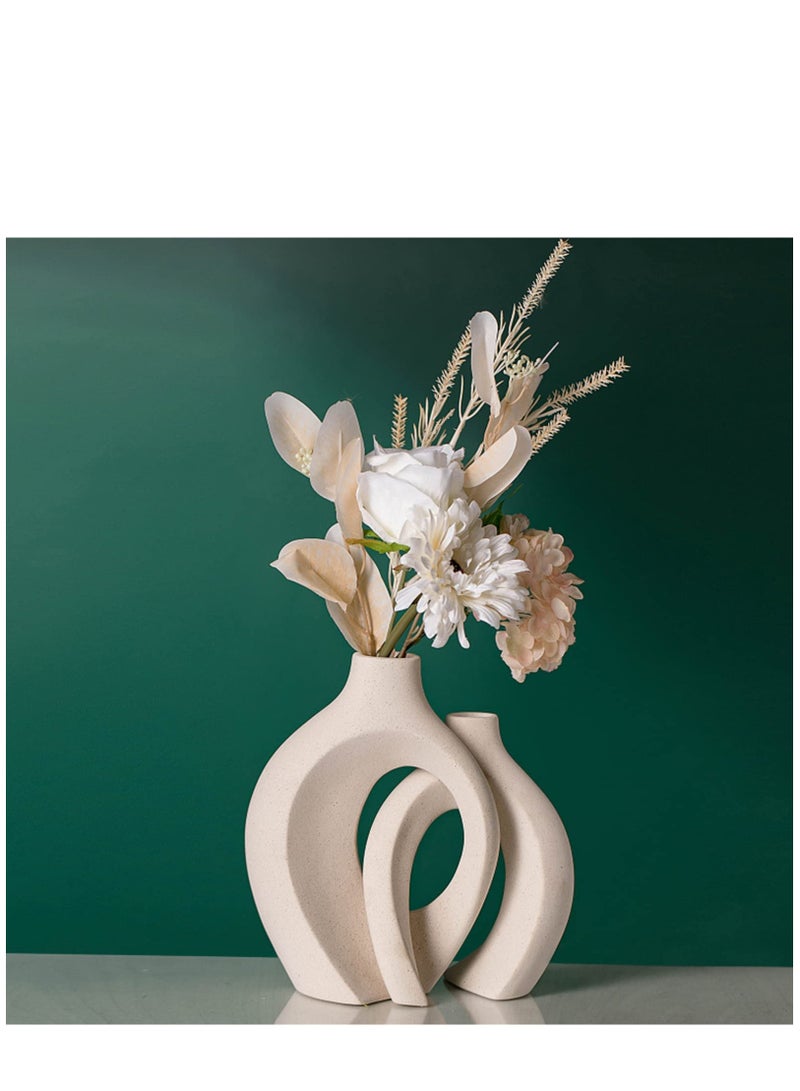 White Hollow Ceramic Vase Set of 2, Round Modern Vase for Nordic Minimalist Book Style Shelf Decor, Donut Boho Aesthetic Vases for Trendy Home Living Room Entryway Coffee Table Decorative