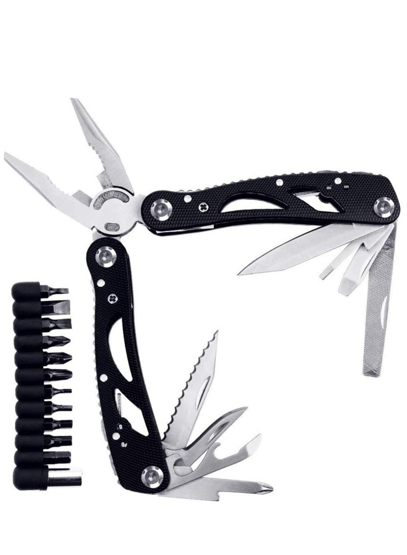 Multitool Pliers Foldable Pliers Tool Stainless Steel Multi-Purpose Outdoor Survival Kits with 11 Screwdriver Bits & Nylon Sheath Ideal Pocket Tool