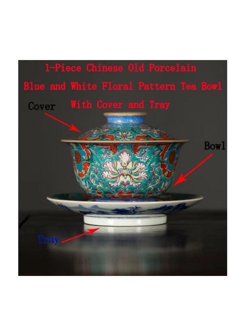 1-Piece Chinese Old Porcelain Blue and White Bowl Tea Set,Chinese Tea Bowl with Cover and Tray,Chinese Traditional Handicraft Ceramic Tea Set