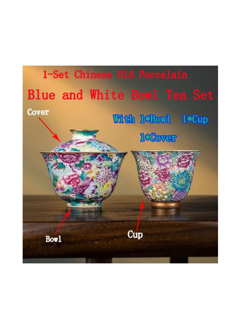 1-Set Chinese Old Porcelain Blue and White Bowl Tea Set,Chinese Tea Bowl with Cover and Cup,Chinese Traditional Handicraft Ceramic Tea Set