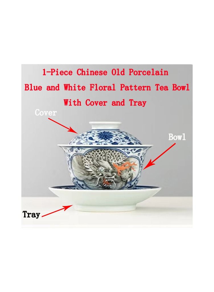 1-Piece Chinese Old Porcelain Blue and White Bowl Tea Set,Chinese Tea Bowl with Cover and Tray,Chinese Traditional Handicraft Ceramic Tea Set