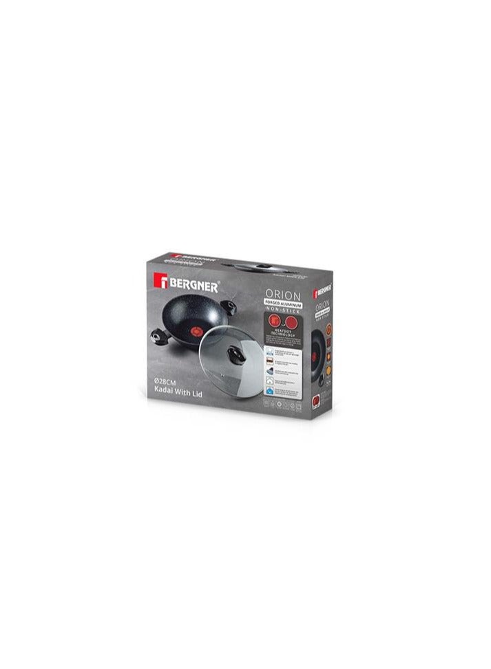 BERGNER ORION FORGED ALUMINUM INDUCTION BOTTOM KADAI + LID 28X7.8 CM WITH HEAT DOT TECHNOLOGY GREY COLOR