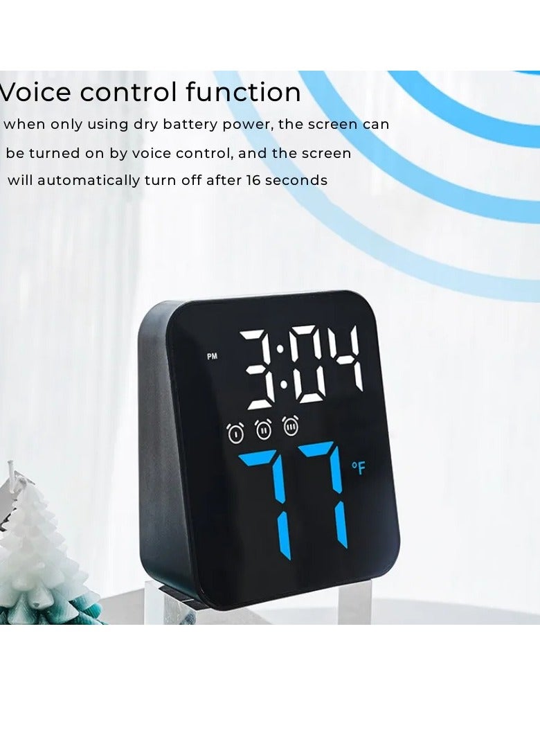 LED Digital Alarm Clock, Voice Control Alarm Clock With Temperature Time Date Display, Super Silent 2 Levels Adjustable Brightness Multifunction Bedside Clock For Home Office Decor, (Blue)