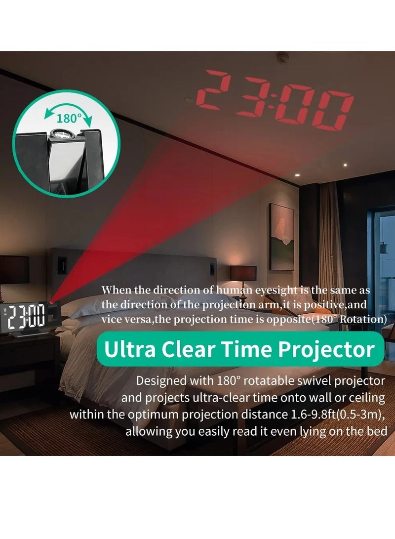 Projection Alarm Clock. Multifunctional Intelligent Projection Digital Alarm Clock, 180 Degree Projector Intelligent Digital Nightlight Desk Clock With Temperature Humidity Display, (Black And White)