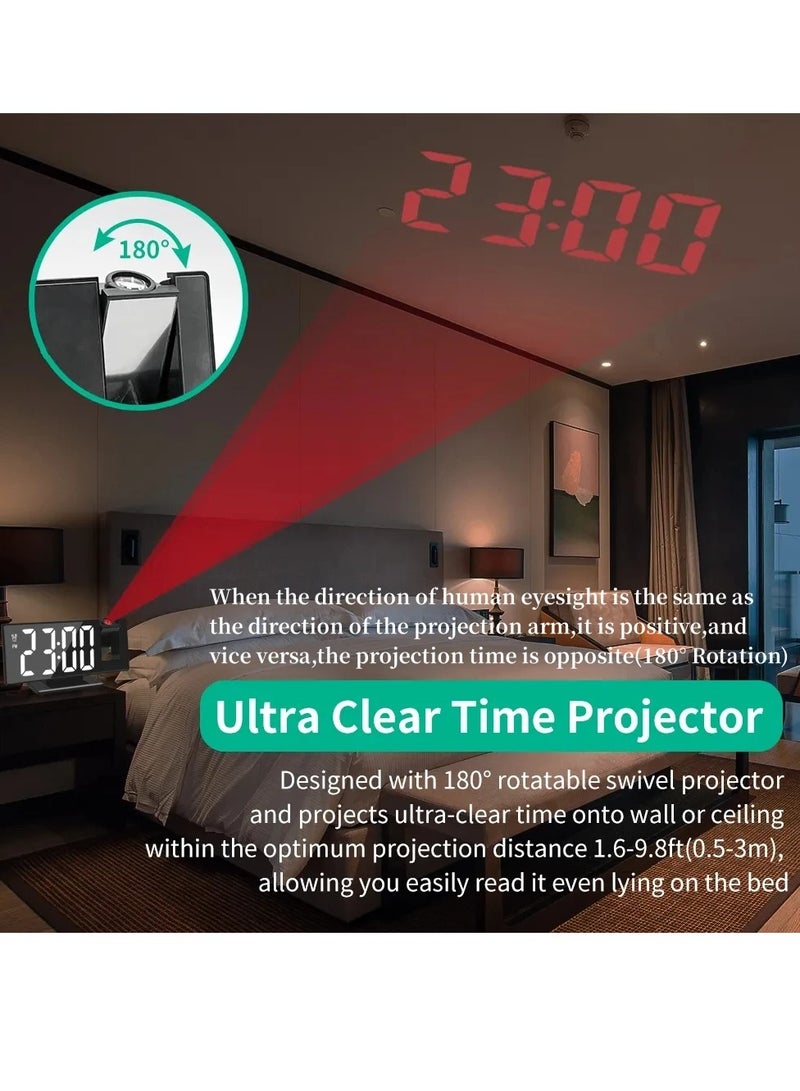 Projection Alarm Clock. Multifunctional Intelligent Projection Digital Alarm Clock, 180 Degree Projector Intelligent Digital Nightlight Desk Clock With Temperature Humidity Display, (Black And Green)