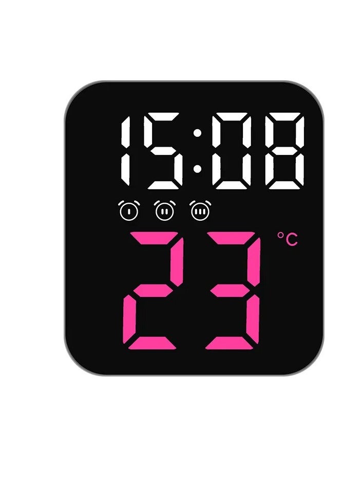 LED Digital Alarm Clock, Voice Control Alarm Clock With Temperature Time Date Display, Super Silent 2 Levels Adjustable Brightness Multifunction Bedside Clock For Home Office Decor, (Pink)