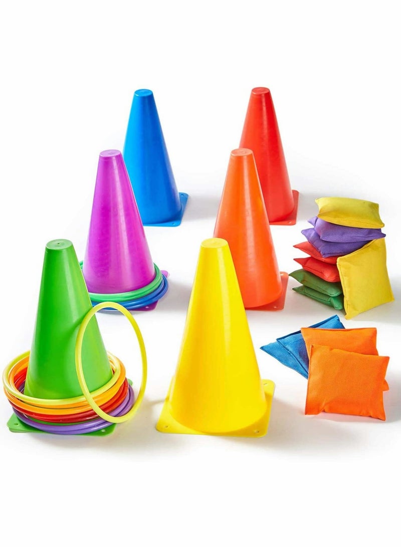 3 in 1 Carnival Games Set Ring Toss Game 18 pcs Carnival Combo Set With Bean Bags Plastic Cones Throwing Rings For Kids and Adult Outdoor Indoor Activity