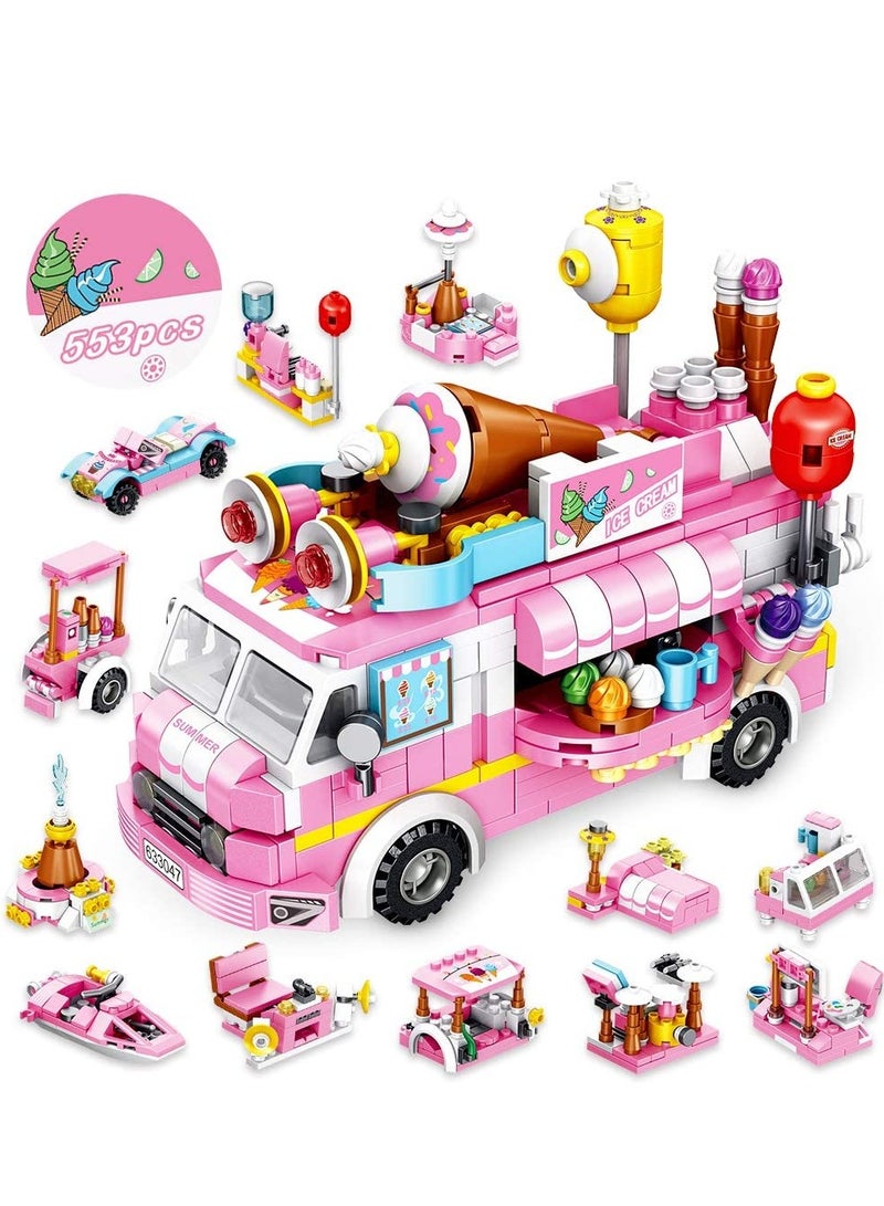 Girls Building Blocks Toys, 553 PCS Ice Cream Trucks Toys for 6 Year Old Kids, 25 Models Food Cars Construction Building Block Kits, Educational Toys Gifts for Age 6 12 + Year Old Kids