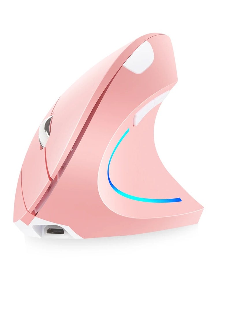 Wireless Vertical Mouse, Rechargeable Upright Ergonomic Mouse, Dual Mode Vertical Mouse With 3 Adjustable Dpi Levels, RGB Flowing Light Plug N Play Mouse For Laptop, Desktop, Pc, (Pink)