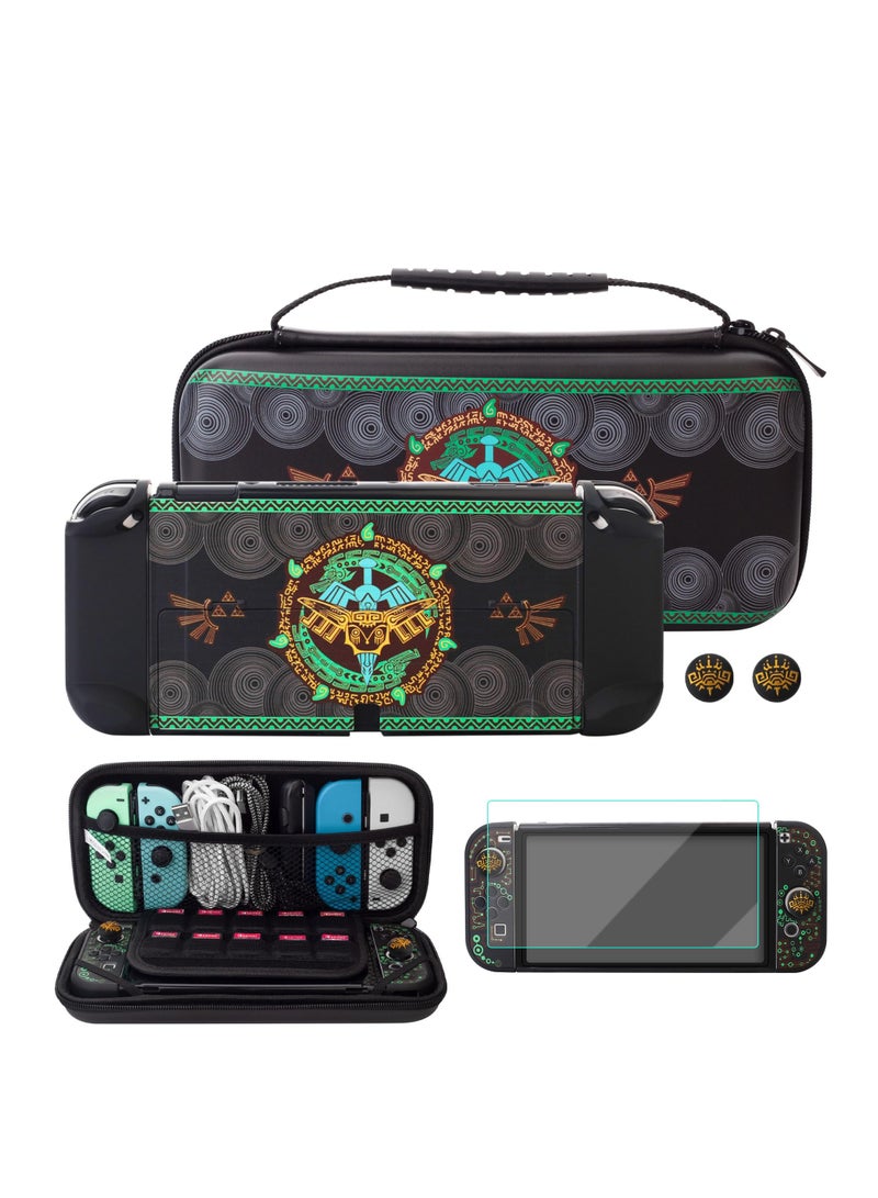 Carrying Case for Nintendo Switch OLED of Zelda, Black Travel Case with Waterproof Protective Cover, Glass Screen Protector, 2 Thumb Caps (for Tears of The Kingdom)