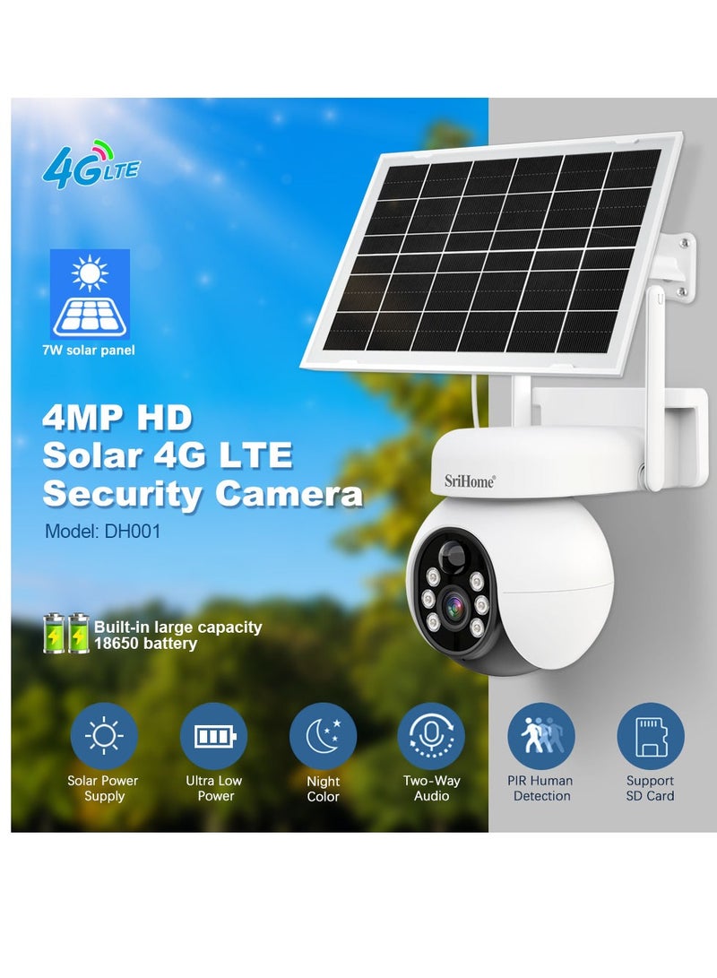 4G LTE Cellular Security Camera Wireless Outdoor Camera, Battery Powered with 7Watt Solar Panel,4MPHD, Two-way Audio,Night Color, FIR Human Detection,Ultra Low Power,Support SD Card