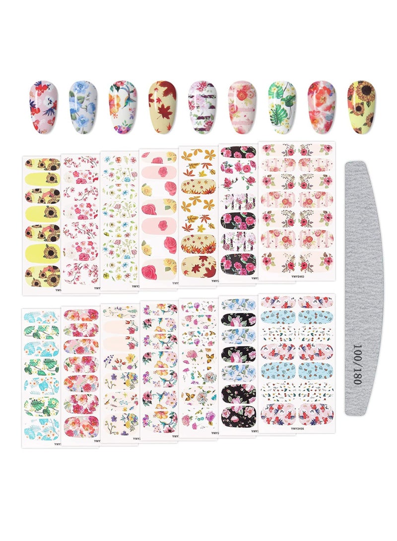 Full Wraps Nail Polish Stickers, 14 Sheets Flowers Nail Stickers Decals Nail Design Stickers Colorful Flower Print Self Adhesive with Nail File for Fingernails Decor Manicure