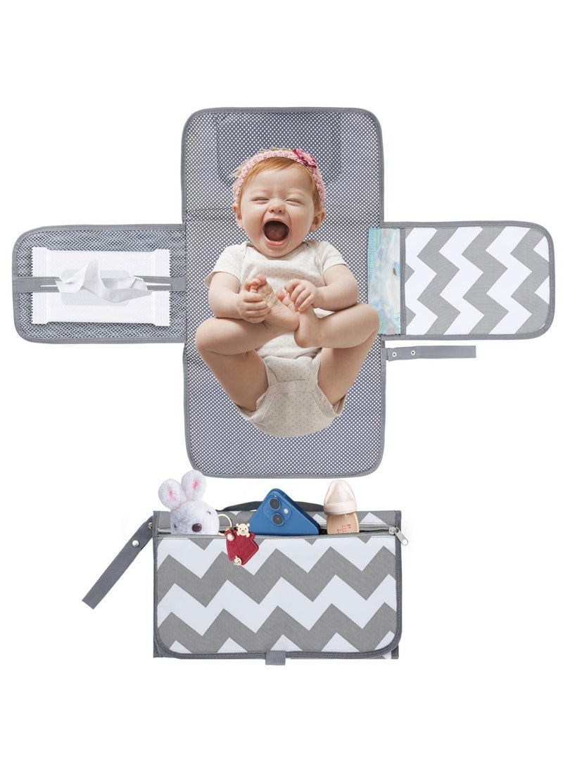 Baby Portable Diaper Changing Pad, Baby Changing Pad & Diaper Changer Travel Bag, Smart Design Baby Changing Mat, Waterproof Travel Diaper Changing Kit, Gifts for Baby Shower (Grey Wave)