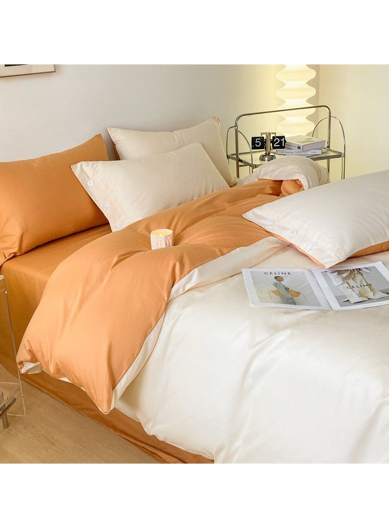 Bed Cover Set, Soft Luxurious Pure Bedsheet Set, Long-staple Cotton Simple Solid Color Bed Sheet Quilt Cover Bedding Twill Cotton Set,(Milkshake White + Pumpkin Orange, 2.0m bed sheet four-piece set)
