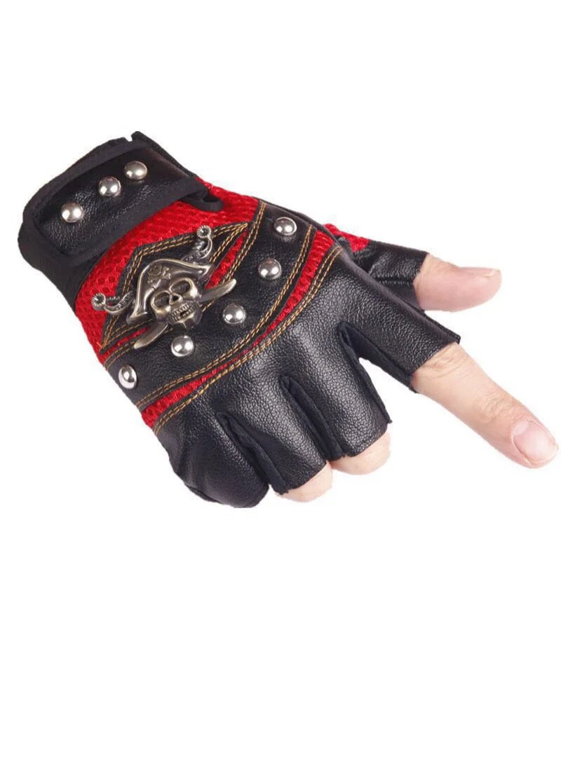 Punk Skulls Rivet Pu Leather Gloves Men Women Fashion Hip Hop Gym Half Finger Gloves Summer Cycling Motorcycle Accessories Red