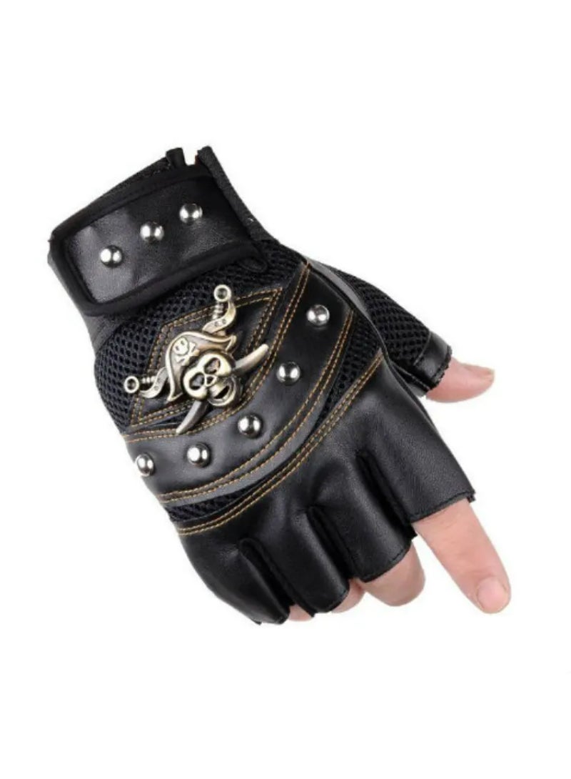 Punk Skulls Rivet Pu Leather Gloves Men Women Fashion Hip Hop Gym Half Finger Gloves Summer Cycling Motorcycle Accessories Black