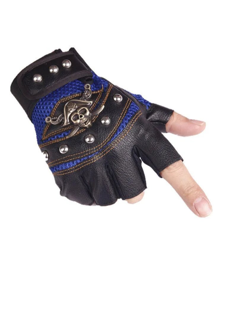 Punk Skulls Rivet Pu Leather Gloves Men Women Fashion Hip Hop Gym Half Finger Gloves Summer Cycling Motorcycle Accessories Blue