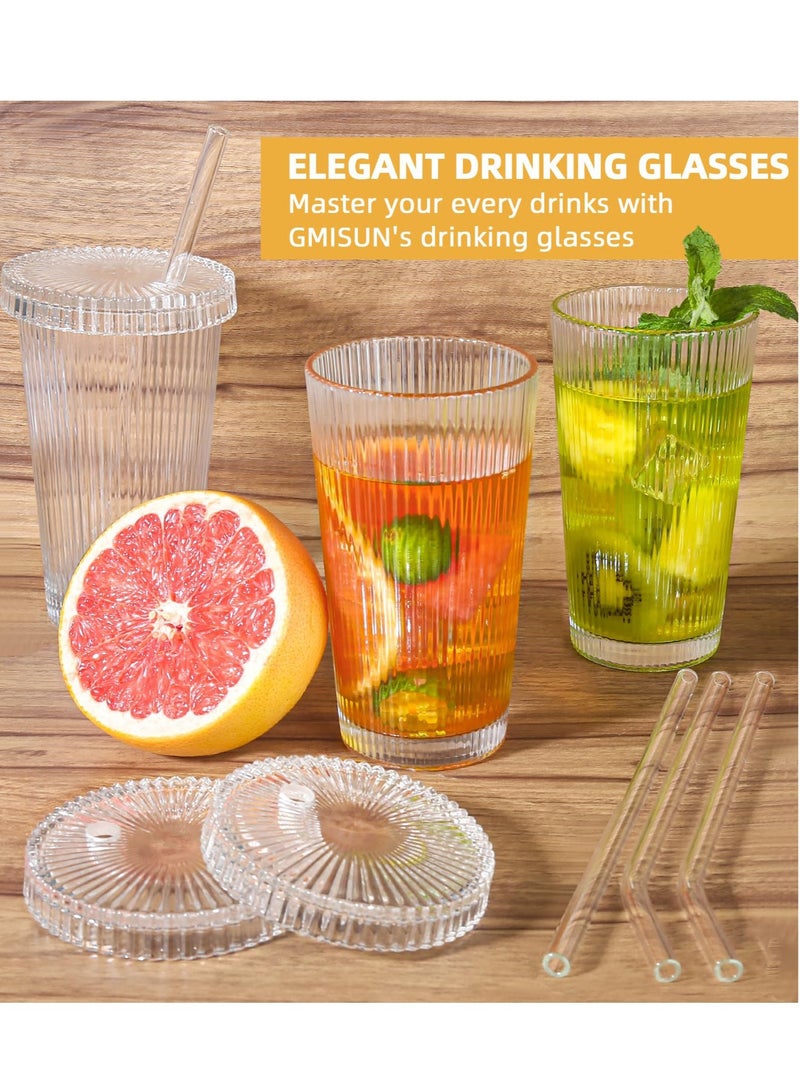 Iced Coffee Cups , Ribbed Glassware with Lids and Straws, Drinking Glasses Set of 4, Vintage Glassware Glasses 14oz for Iced Coffee