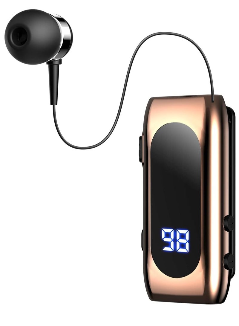Retractable Bluetooth Headphones Collar Clip Bluetooth Headsets Wireless Earphone Display Quick Charger Handsfree Earbuds v5.2 with Microphone for Cell Phone (Gold)