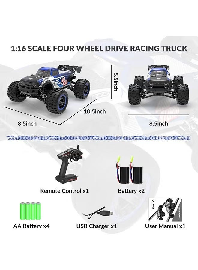 Remote Control RC Car, 1:16 Climbing All Terrain Drift Off Road Vehicle, High Speed Electric Waterproof RC Monster Toy, Strong And Durable 4x4 Off Road Truck For Kids Adults, (Blue And Black)