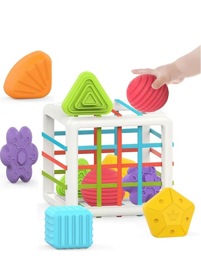Colorful Cube Sorter with 6 Multi Sensory Shapes Toddler Developmental Learning Toys for Ages 6-18 Months.