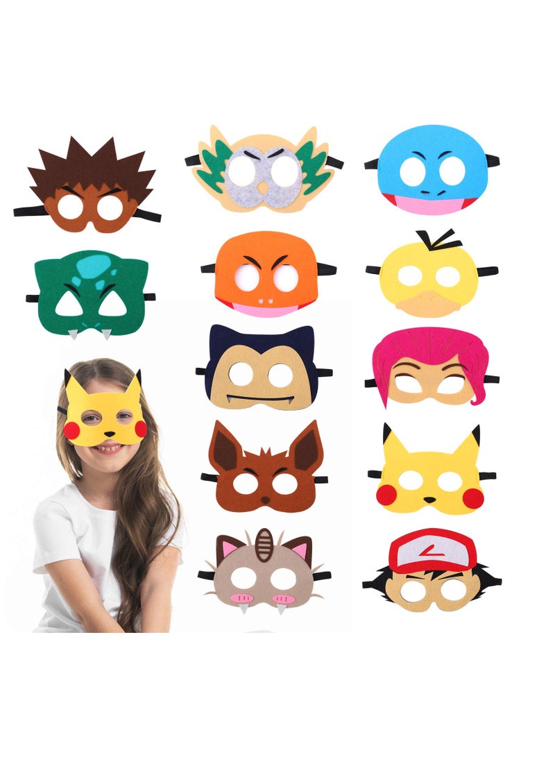 Anime kemon birthday party supplies, 12pcs pika theme blanket mask, suitable for children's role playing decorations and Red Blue Black Green Pink 6.7x5.5x0.2