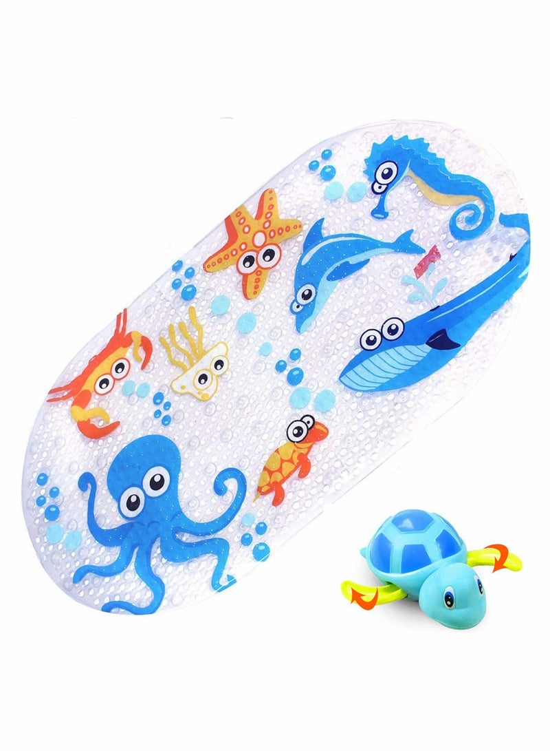Bath Mats for Tub Kids, Large Cartoon Non-Slip Bathroom Bathtub Kid Mat for Baby Toddler, Machine Washable, Environmental PVC, 37x70cm (Blue-Octopus)