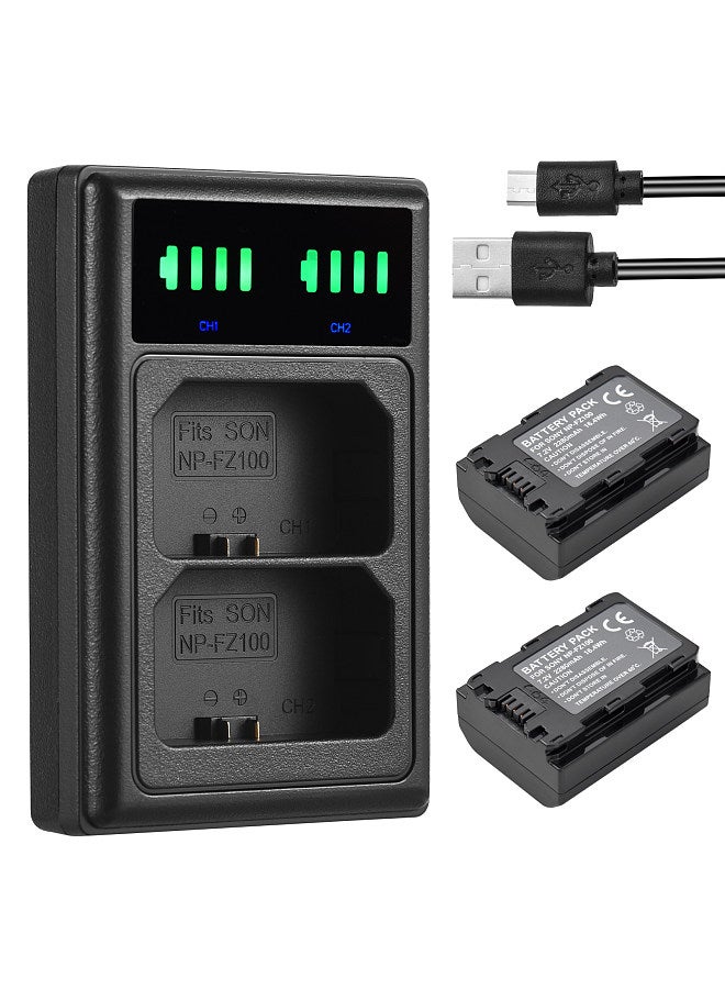 NP-FZ100 Battery Charger with LED Indicators + 2pcs NP-FZ100 Batteries 7.2V 2280mAh with USB Charging Cable Replacement for Sony A9/ A7R III/ A7 III/ A6600