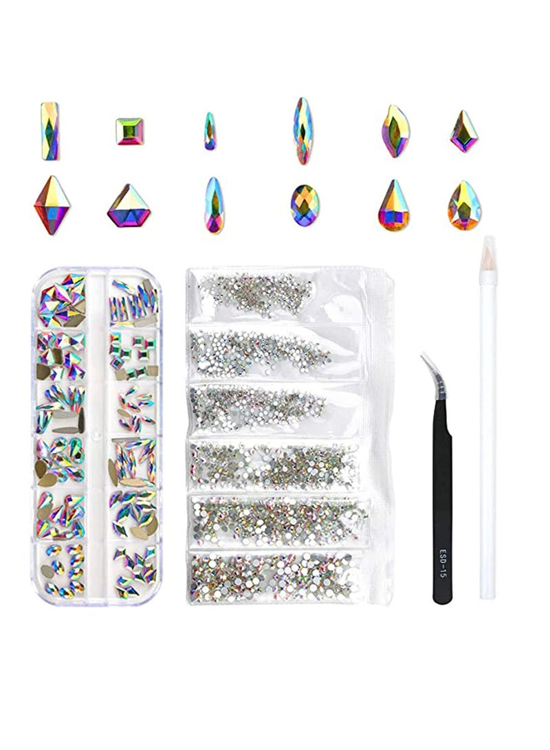 Nail Rhinestones Set, 1728 Pieces Flatback Crystal AB Nail Gems + 120 Pieces Multi Shape Glass 3D Nail Jewels, Bling Nail Diamonds Stone with Art Accessories Rhinestone Picker and Tweezers