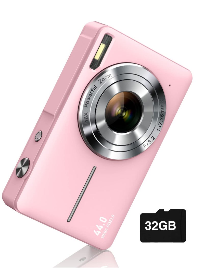Digital Camera FHD 1080P Camera 44MP Point And Shoot Digital Cameras With 32GB SD Card 16X Zoom Two Batteries For Kids Pink