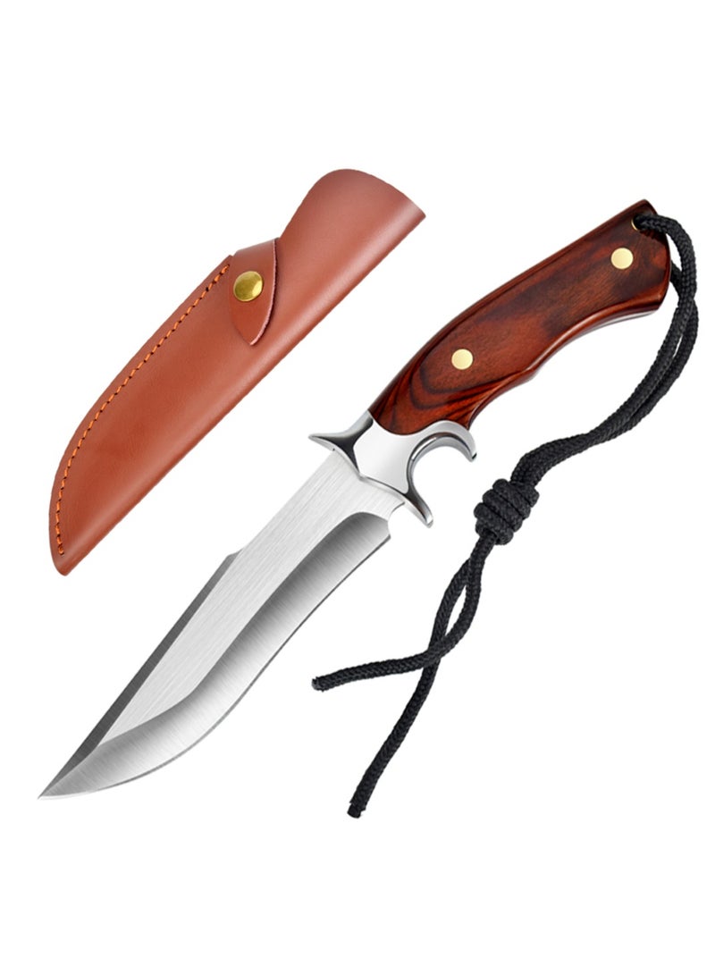 Outdoor Knife Fixed Blade D2 Steel Hunting Knife with Wooden Handle Red Brown Sharp Survival Knife with Leather Sheath for Men Camping Hiking Adventure