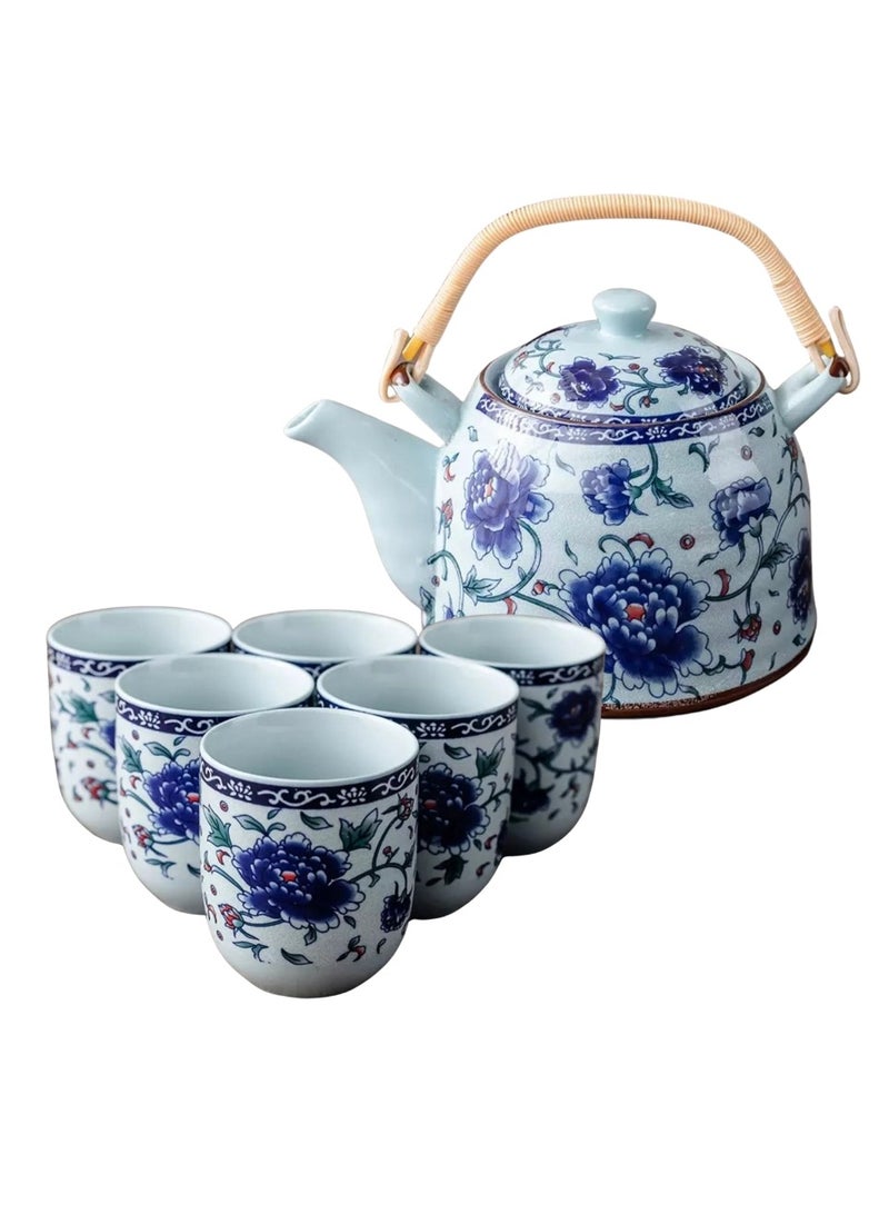 Cottage Rose Porcelain  Japanese Tea Set with 1 Teapot Set, 6 Tea Cups Beautiful Asian Tea Set for Tea - Blue