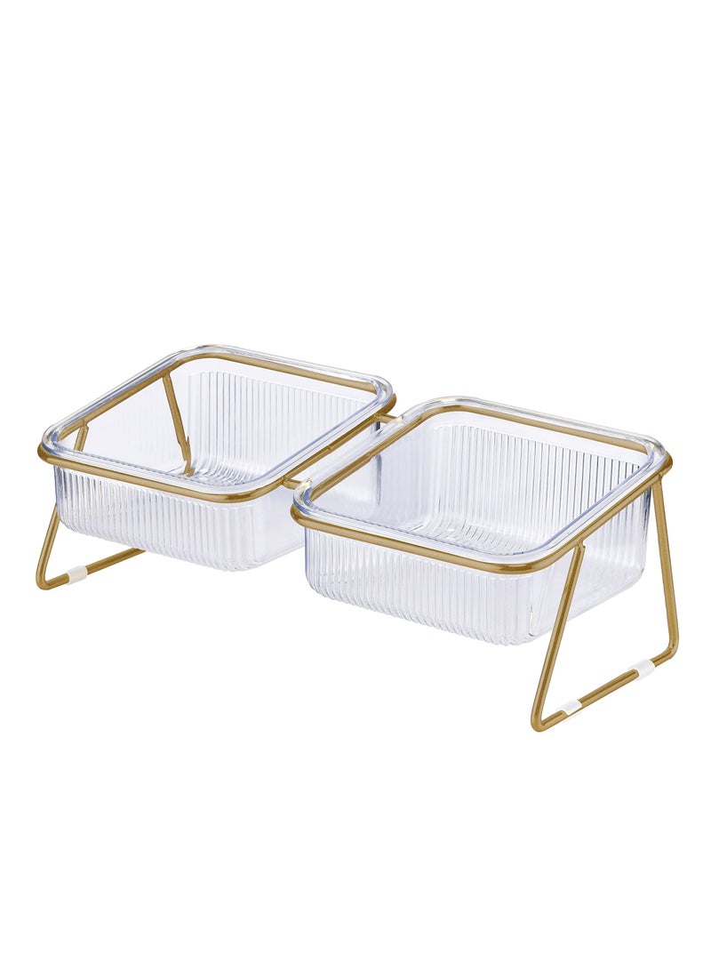 Elevated Double Cat Bowls, Pets Water and Food Transparent Bowl 15°Tilted Raised Pet Feeder Stand, with 2 Large Plastic Bowl and Iron Stand Anti Slip, Perfect for Kittiens Small Dogs