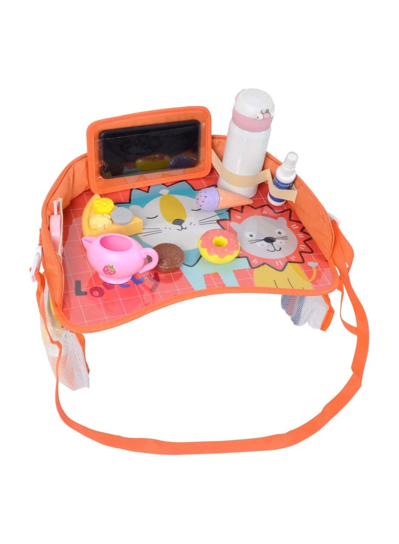 Kids Travel Tray Car Seat Activity and Play Tray Organizer for Children and Toddlers Lap Desk with Tablet Phone Holder Waterproof and Foldable (Orange)