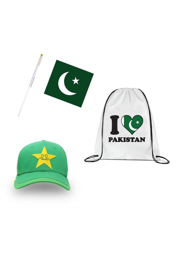 Pakistan Cricket Sports Fans Set - Pack of 3 Combo - Embroidered Cap, Drawstring Bag, and Hand Flag - Ideal for Matches, Events, and Everyday Use - Perfect for Sports Fans